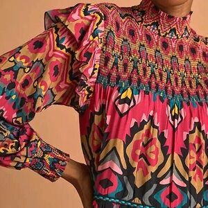 Anthropologie Bl-no London Tiered Maxi Dress Boho High Neck Smocked Pink XL